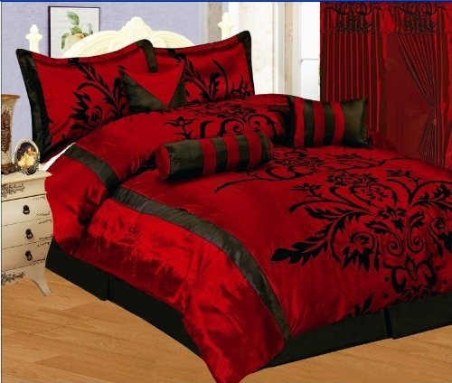 7 Pc Modern Black Burgundy Red Flock Satin Comforter Set Bed In