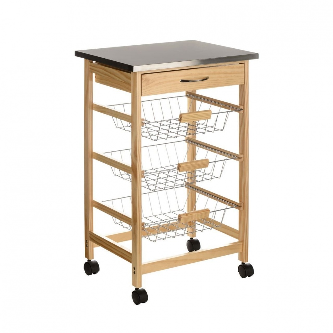 Kitchen Storage Trolley Stainless Steel Top Pinewood Drawer 3 Wire