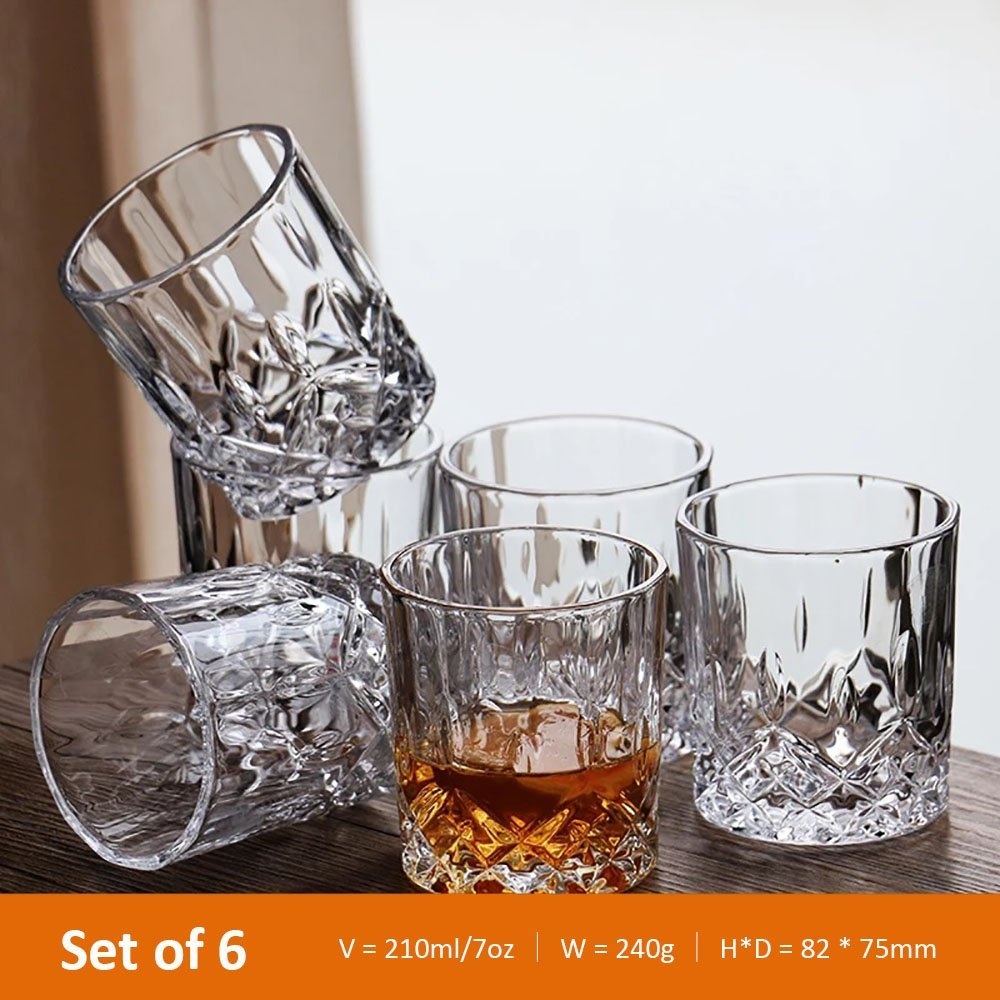 Lead-free Crystal Whiskey Glasses Double Old Fashioned Glasses Set of 6 Scotch Glasses Liquor Bourbon Tumblers for Scotch Whisky Drinking 7oz Glasses Ultra-Clarity Glass Drinkware G210CR