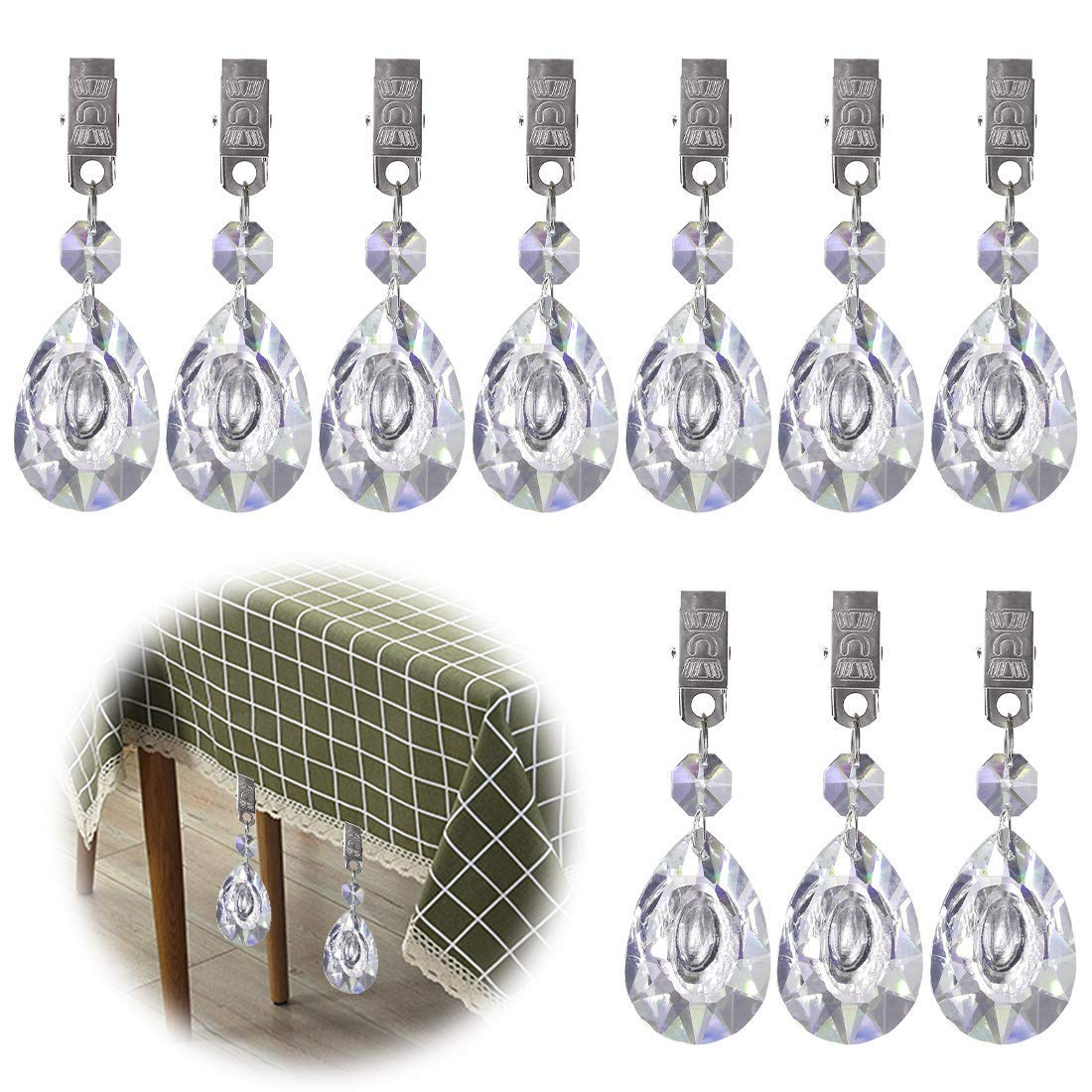 Glarks Tablecloth Weights Set Lute 10Pcs Metal Clip AB Crystal Glass Teardrop Prisms Pendant Tablecloth Weights for Picnic Tables Tablecloth Weights Heavy Outdoor