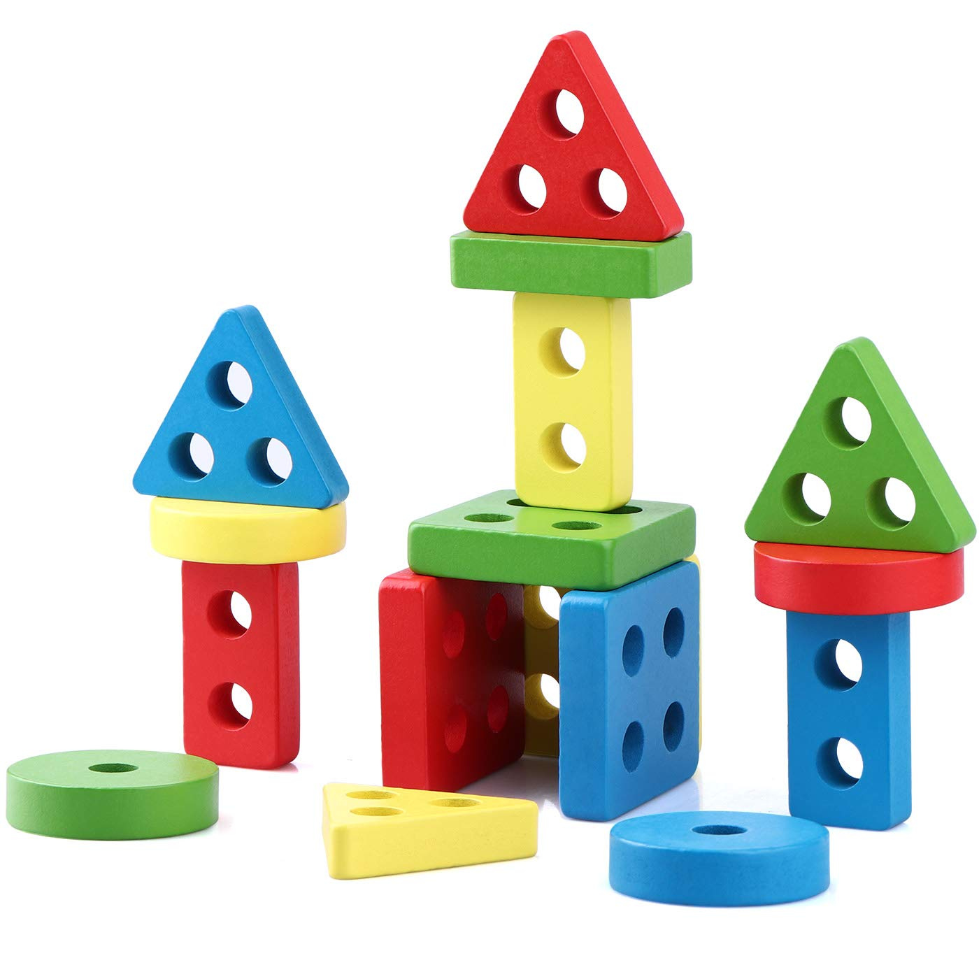 Tinabless Wooden Jigsaw Puzzles for Toddlers Wooden Stacking Game Learning Toy Geometry Building Blocks Educational Toys for Kids Baby Toddlers