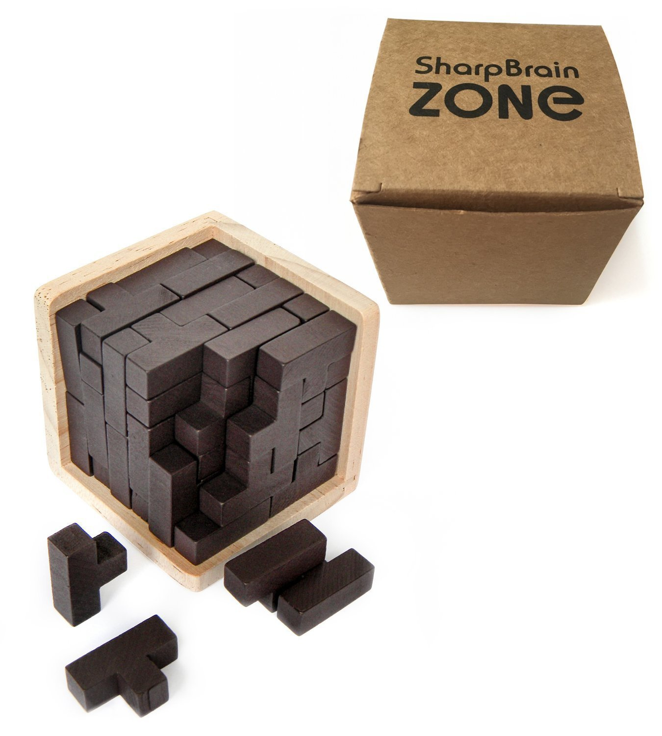 Explore Creativity and Problem Solving 3D Wooden Brain Teaser Puzzle by Sharp Brain Zone Gift Desk Puzzles Genius Skills Builder T-Shape Pieces with Tetris Fit Educational Toy for Kids and Adults
