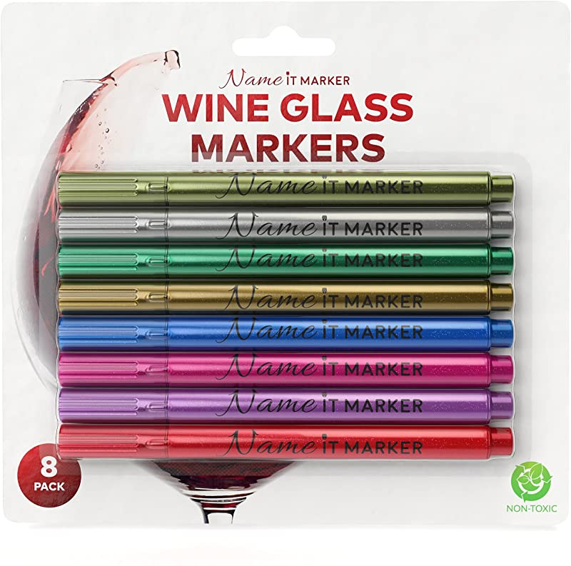 VinoAmante Metallic Wine Glass Marker Pens Pack of 8 Perfect
