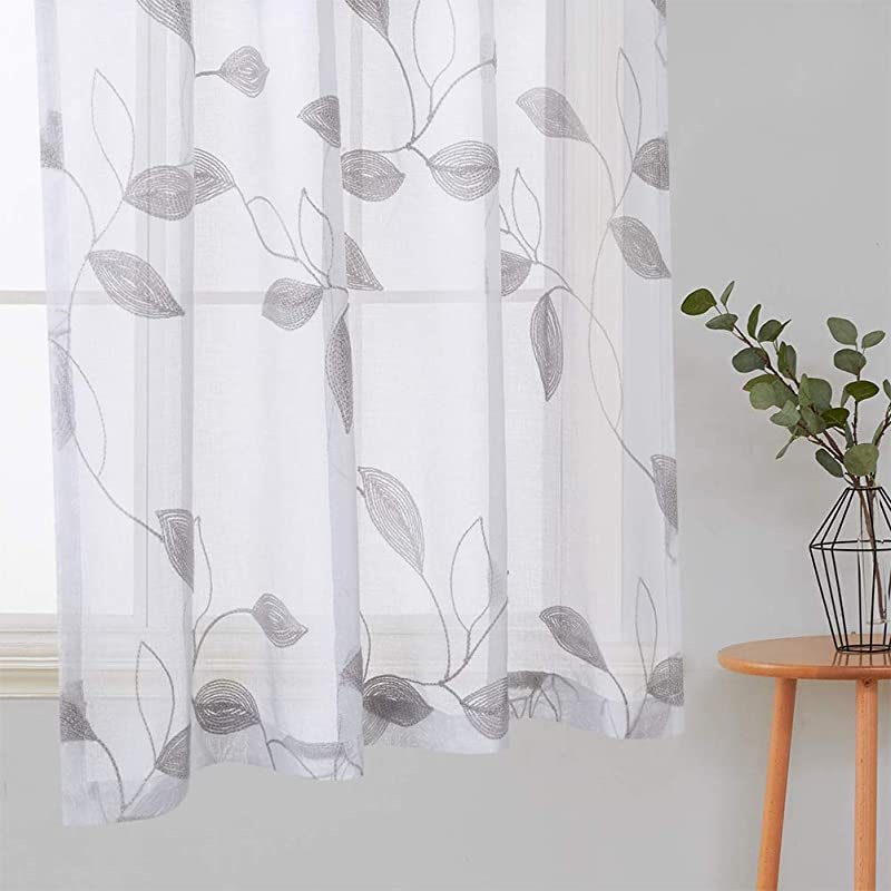 Haperlare Sheer Kitchen Curtains Leaves Pattern Short Bathroom Window Curtain Fl Grey Ribbon Embroidered Half Covering Voile Tier 70cm X 90cm Set Of 2 By Kitchen Curtains Leaves Pattern Sheer, Patterned Sheer Curtains Nz
